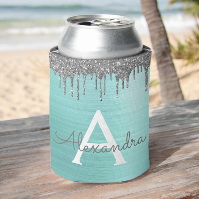 Silver Teal Glitter Brushed Metal Monogram Name Can Cooler (Creator Uploaded)