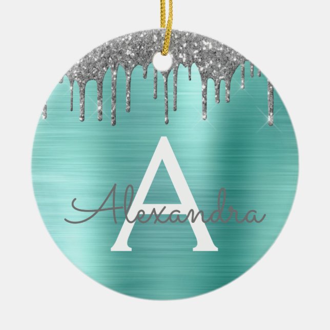Silver Teal Glitter Brushed Metal Monogram Name Ceramic Tree Decoration (Front)