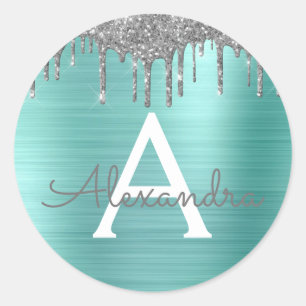 Silver Teal Glitter Brushed Metal Monogram Name Classic Round Sticker