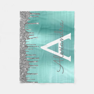 Silver Teal Glitter Brushed Metal Monogram Name Fleece Blanket