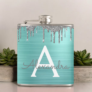 Silver Teal Glitter Brushed Metal Monogram Name Hip Flask