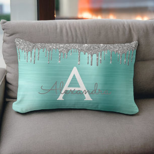 Silver Teal Glitter Brushed Metal Monogram Name Lumbar Cushion