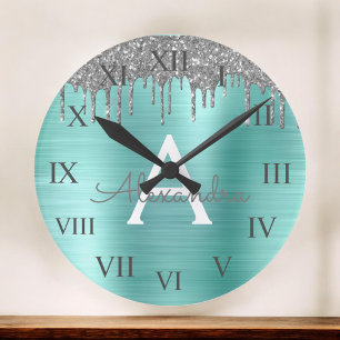 Silver Teal Glitter Brushed Metal Monogram Name Round Clock
