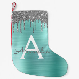 Silver Teal Glitter Brushed Metal Monogram Name Small Christmas Stocking