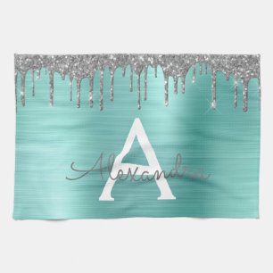 Silver Teal Glitter Brushed Metal Monogram Name Tea Towel