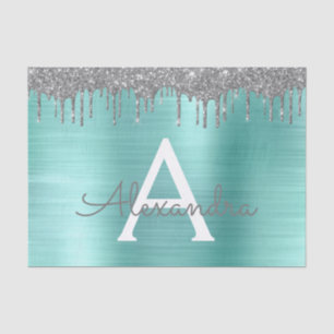 Silver Teal Glitter Brushed Metal Monogram Name Tissue Paper