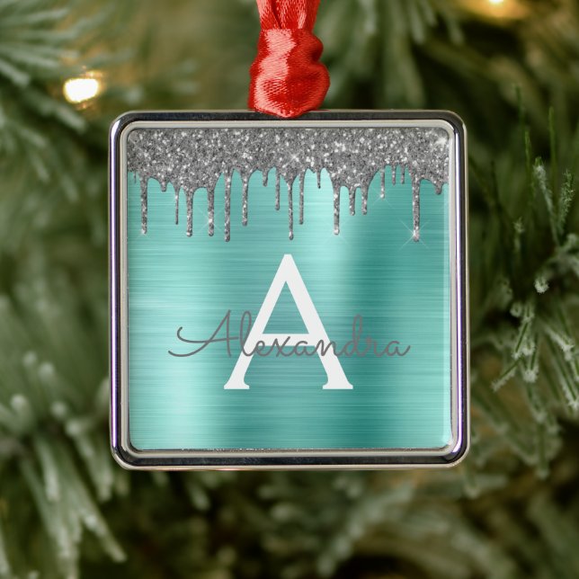 Silver Teal Glitter Brushed Metal Monogram Name Tree Decoration (Tree)