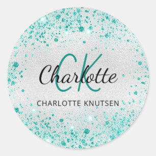 Silver teal glitter dust green monogram name classic round sticker