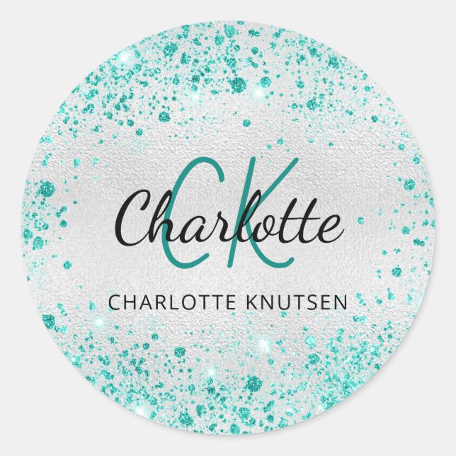 Silver teal glitter dust green monogram name classic round sticker (Front)
