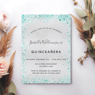 Silver teal glitter Quinceanera Invitation