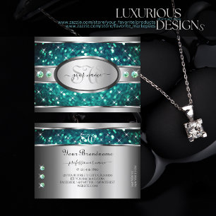 Silver Teal Glitter Sparkle Rhinestones Initials Business Card