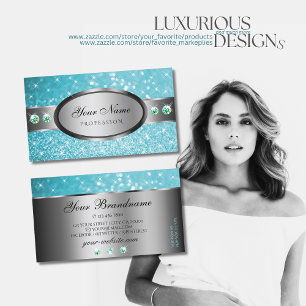 Silver Teal Glitter Sparkle Stars Faux Rhinestones Business Card