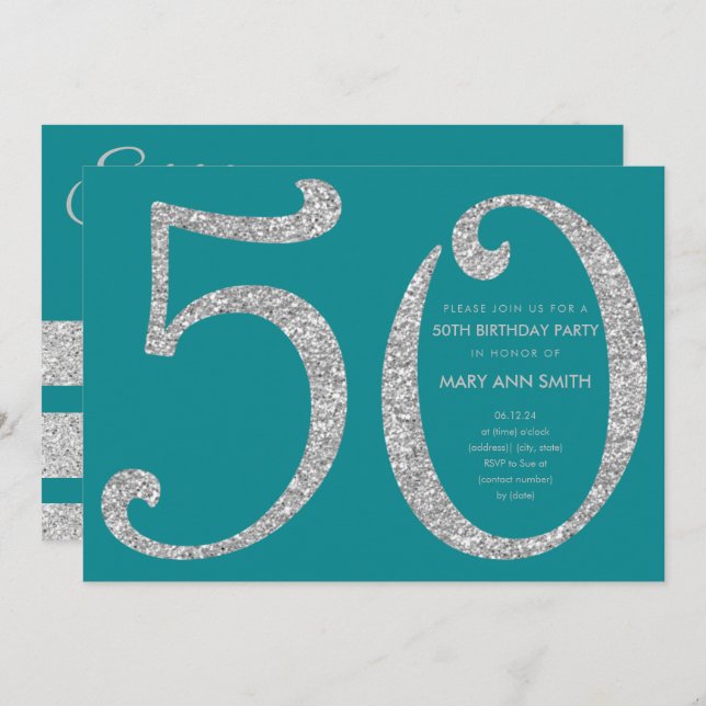 Silver Teal Glitter Surprise 50th Birthday Party Invitation (Front/Back)