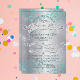Silver Teal Jewelled Tiara Quinceañera Invitation
