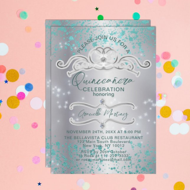Silver Teal Jewelled Tiara Quinceañera Invitation (Creator Uploaded)