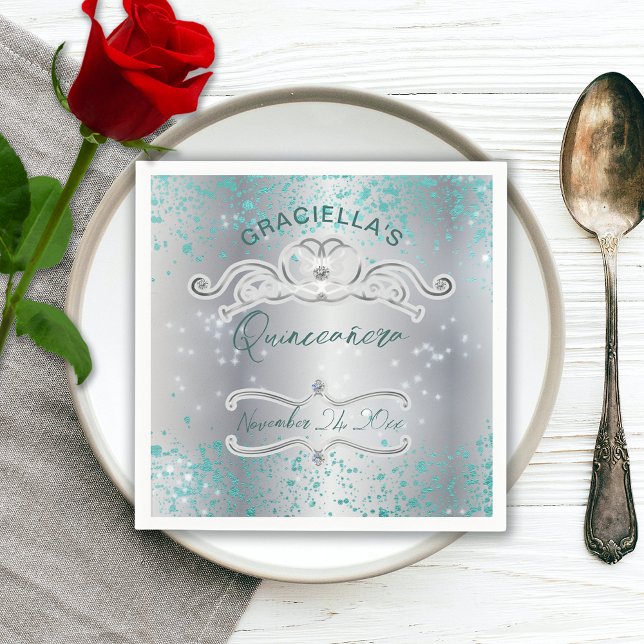 Silver Teal Jewelled Tiara Quinceañera Napkin (Creator Uploaded)