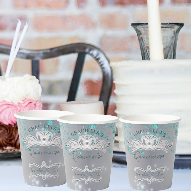 Silver Teal Jewelled Tiara Quinceañera Paper Cups (Creator Uploaded)