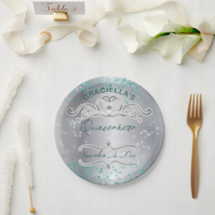 Silver Teal Jewelled Tiara Quinceañera Paper Plate