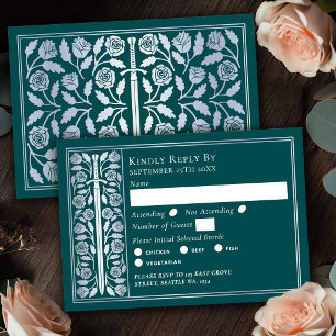 Silver Teal Mediaeval Sword Wedding RSVP Card