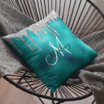 Silver Teal Metal Glitter Look Drips Monogram Cushion<br><div class="desc">This design was created through digital art. It may be personalised by clicking the customise button and changing and add a name, initials or your favourite words. The glitter is simulated. Contact me at colorflowcreations@gmail.com if you with to have this design on another product. See more of my creations or...</div>