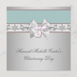 Silver Teal Pink Girls Christening Invitation
