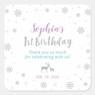 Silver, Teal & Purple: Winter 1st Birthday Square Sticker
