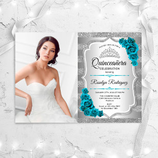 Silver Teal Quinceanera Party With Photo Invitation