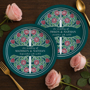 Silver Teal Royal Mediaeval Floral Sword Wedding Paper Plate
