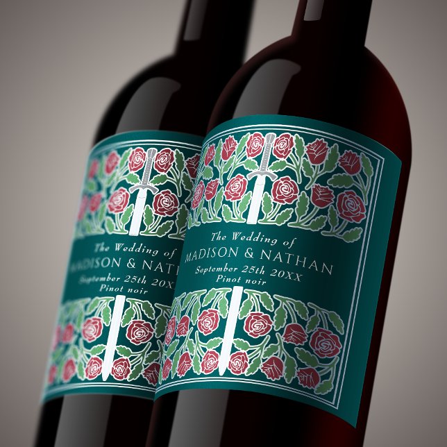 Silver Teal Royal Mediaeval Floral Sword Wedding Wine Label (Creator Uploaded)