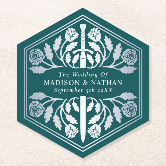 Silver Teal Royal Mediaeval Sword Wedding Paper Coaster (Front)