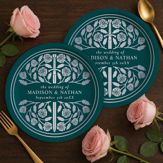 Silver Teal Royal Mediaeval Sword Wedding  Paper Plate (Creator Uploaded)