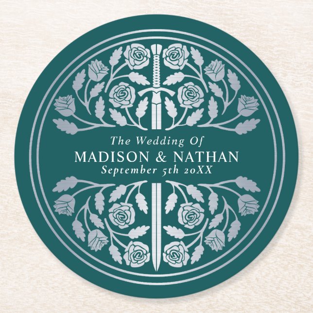 Silver Teal Royal Mediaeval Sword Wedding Round Paper Coaster (Front)