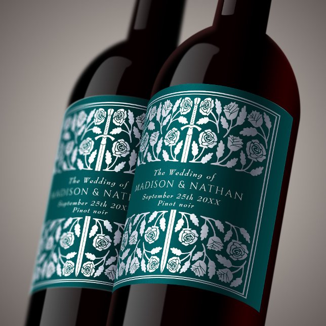 Silver Teal Royal Mediaeval Sword Wedding Wine Label (Creator Uploaded)