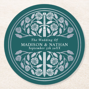 Silver Teal Royal Medieval Sword Wedding Round Paper Coaster