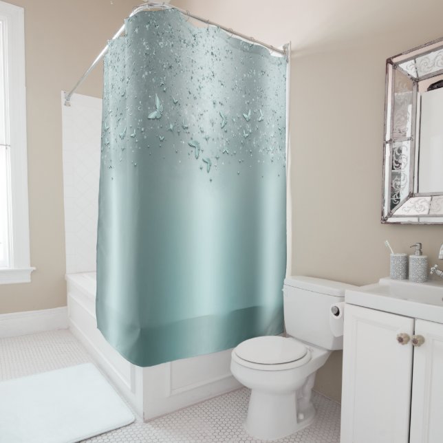 Silver Teal Shimmer Sparkle Flutter Butterfly Shower Curtain (In Situ)