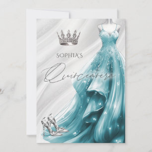 Silver Teal Sparkle Dress Quinceañera Quince Invitation
