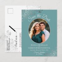 Silver & Teal Wedding Save the Date Oval Photo