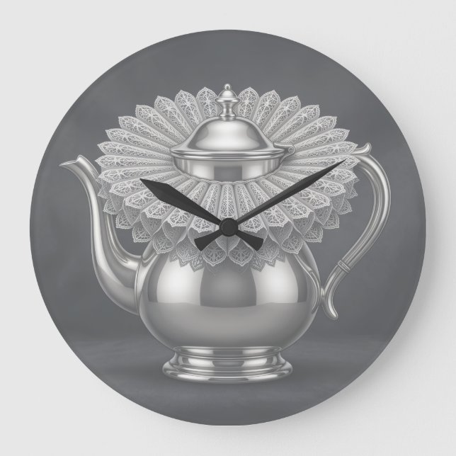 Silver Teapot & Lace Ruff Unique Regency Style Tea Large Clock (Front)