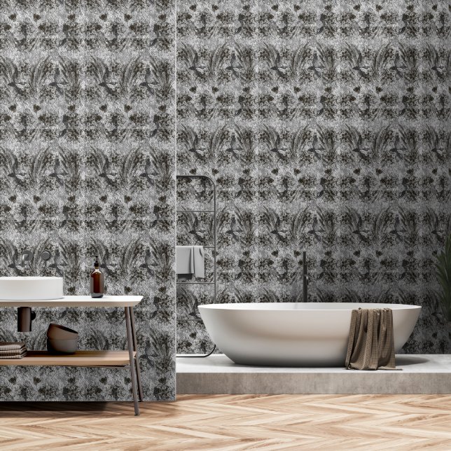 Silver Textured Ornamental Floral Pattern Wallpaper (Bathroom)