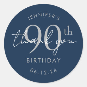 Silver "Thank You" 90th Birthday Party Navy Blue Classic Round Sticker