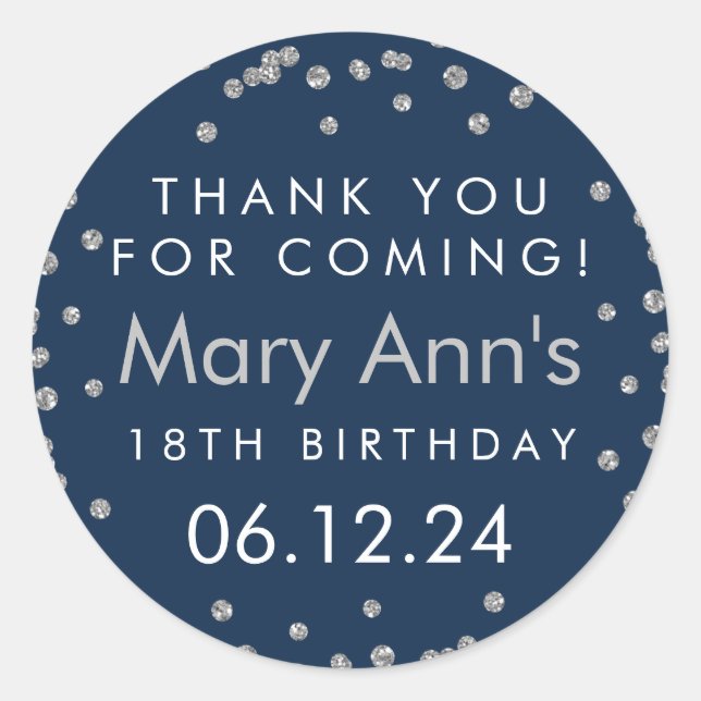 Silver Thank You Birthday Glitter Confetti Navy Classic Round Sticker (Front)