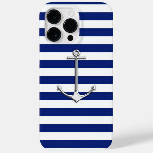 Silver Thin Anchor on Nautical Stripes Case-Mate iPhone 14 Pro Max Case