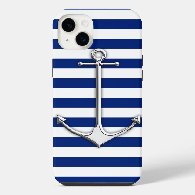 Silver Thin Anchor on Nautical Stripes iPhone Case (Back)