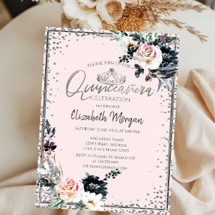 Silver Tiara,Diamond Frame White Flowers  Invitation