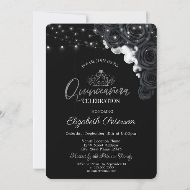 Silver Tiara,Lights Black Roses Quinceañera   Invitation (Front)