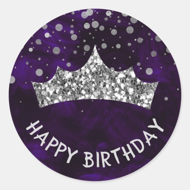 Silver Tiara with silver bokeh & Purple birthday Classic Round Sticker (Front)
