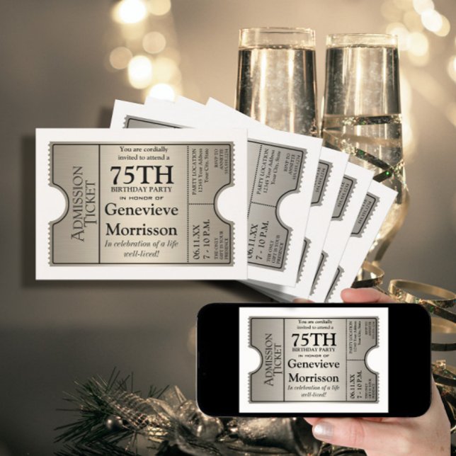 Silver Ticket Style 75th Birthday Party Invite (Creator Uploaded)