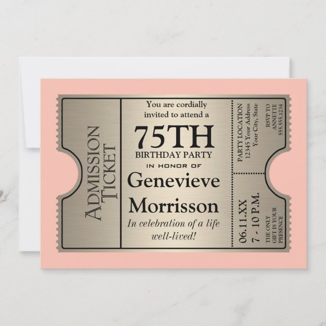 Silver Ticket Style 75th Birthday Party Invite (Front)