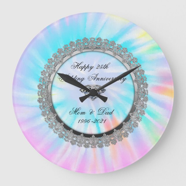 Silver Tie Dye Diamond25th Wedding Anniversary  Large Clock (Front)