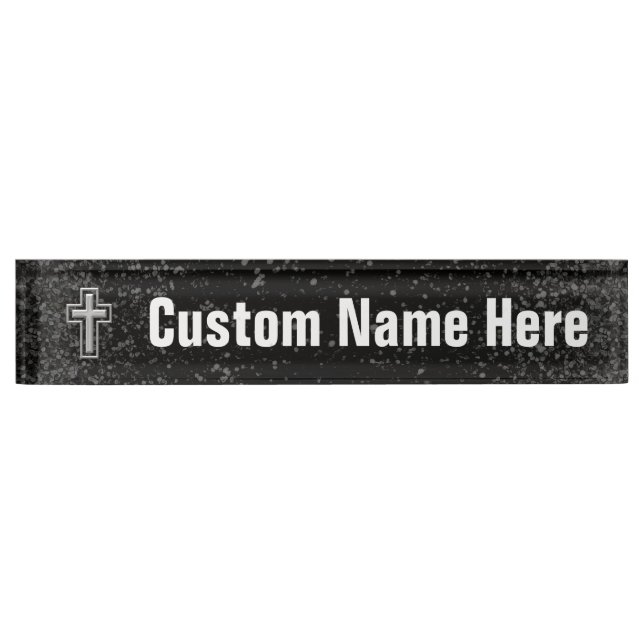 Silver Tone Christian Cross on Black Sparkle Nameplate (Front)